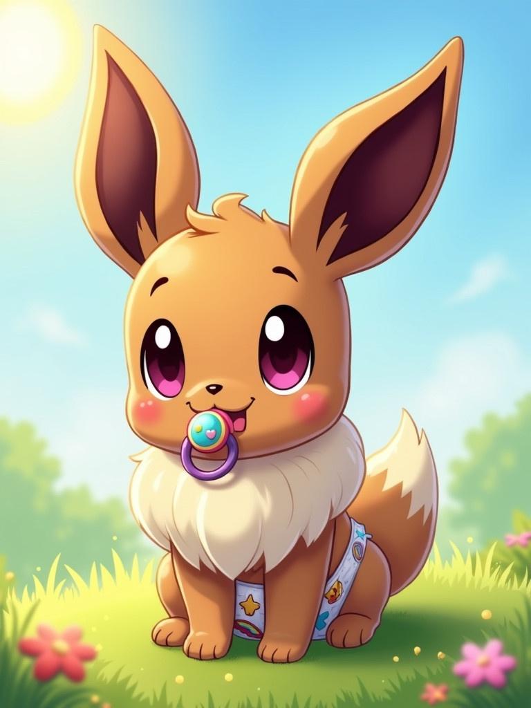 A female Eevee sitting in a grassy area. Eevee has a playful expression with purple eyes. A rainbow dummy is in its mouth. Wearing a diaper with rainbow stars. There are flowers and a sunny blue sky in the background.