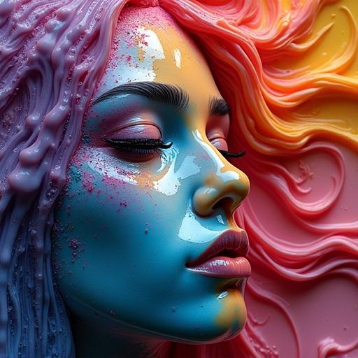 Melting wax transforms into a lonely girl's face. Colors blend in blue, pink, and orange hues. Art showcases emotional depth.