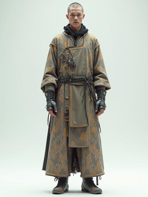 A cybernetically enhanced man wearing traditional-inspired clothing. Clothing features ethnic patterns with futuristic textiles. The outfit includes cyberpunk accessories. The character stands in a neutral pose on a light-toned backdrop. Costume has organic silhouettes and woven motifs combined with synthetic materials. Clean concept art style with technical details.