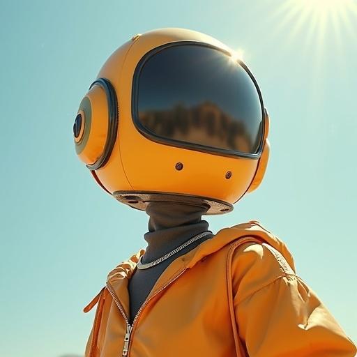 Faceless female android character in outdoor setting. Bright sunny day. Yellow helmet and jacket. Modern and sleek appearance.