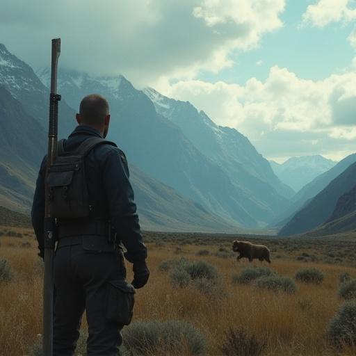 Epic landscape featuring a figure with a firearm appearing vigilant against the backdrop of mountains while a bison grazes in the distance.