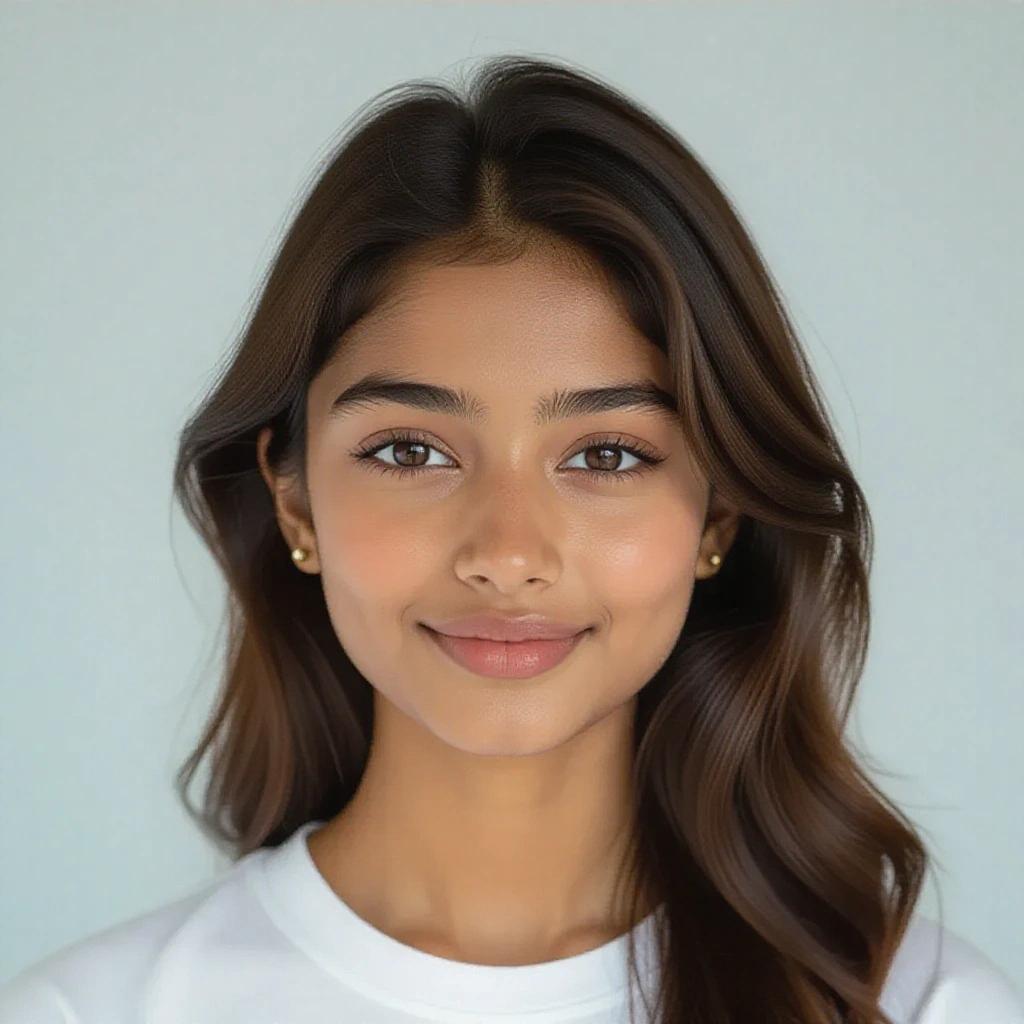 Image of a college-going girl with natural fair skin and oily complexion. She has a symmetrical and softly contoured face. A straight narrow nose with a refined tip. Full lower lip with a gentle curve. Almond-shaped eyes slightly upturned at the outer corners. Dark eyebrows. Long thick dark hair falling smoothly around her shoulders. The impression is youthful elegance and natural beauty.