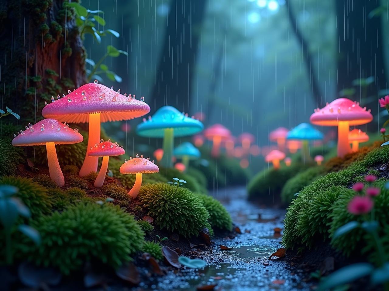 The image features a magical forest scene filled with colorful mushrooms. It's raining lightly, and droplets can be seen falling from the leaves and mushrooms. The mushrooms come in various shapes and colors, including shades of pink, blue, and red, some being illuminated from within. They grow among patches of lush green moss, creating a vibrant contrast against the dark background. The ground is slightly wet, reflecting the soft glow of the mushrooms and adding to the enchanting atmosphere. The overall mood is serene and whimsical, resembling a scene from a fairy tale.