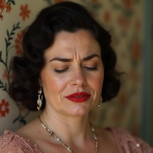 Portrait of a beautiful woman with classic 1950's hairstyle and makeup. She has a shy, pained expression with closed eyes and mouth. Large red lips accentuate her features. Floral wallpaper provides a vintage backdrop. Her diamond earrings add elegance. The view is from the side, highlighting her tiny nose and face wrinkles.