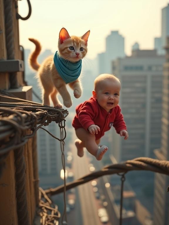 Dynamic angle in an urban setting. A pastel kitten wears a blue bandana while traveling through precarious structures. A baby in a red onesie is crawling behind. Late afternoon sunlight creates long shadows.