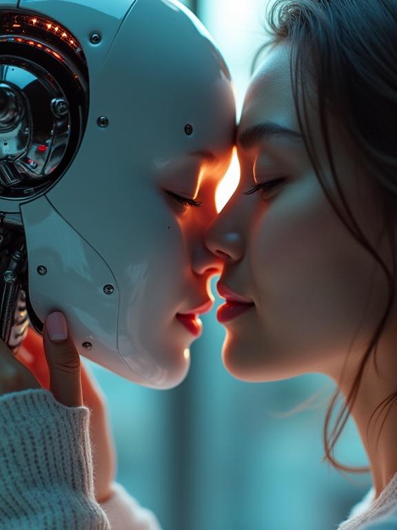 Close-up view of a woman's face near an android's head. Fingers touch polished titanium. Reflections of colored lights on both. Both eyes closed. Visible synthetic skin seams. Emotional and soft expression. Highly detailed surface textures. Warm backlight creating a friendly atmosphere.