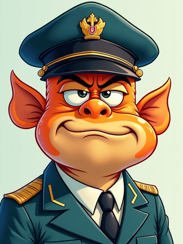 Bright and colorful cartoon style image of a fish character in military uniform with a hat. The fish has a serious demeanor.