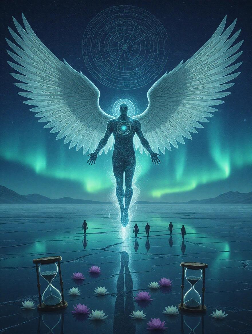 Winged angel with multiple wings made from ancient book pages. Translucent body with a cosmic clock inside. Suspended over a frozen ocean with a night sky and constellations. Broken hourglasses at feet with lotus flowers. Silhouettes of people on the horizon under aurora.