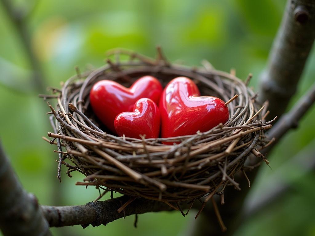 Professional photo depicts a bird's nest made of twigs situated on a tree branch. Inside the nest, there are two big glossy ceramic hearts and one small heart. Background shows blurred green foliage. The image combines a natural element with a symbolic representation of love.