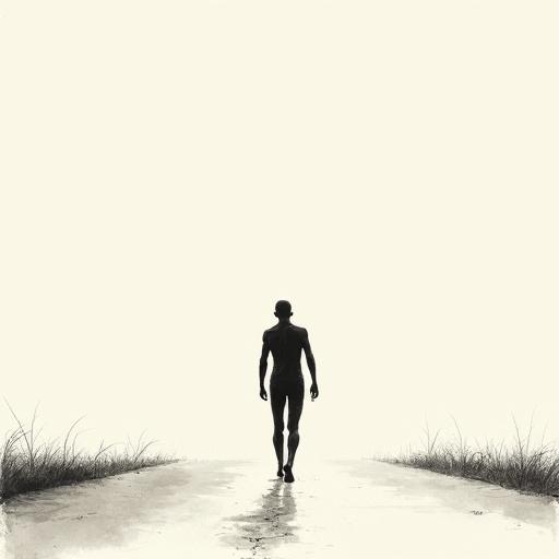 Minimalist bald human silhouette with black fill color. Thin tall teen running on a long road stretching to the horizon. Monochrome minimalist sketch with delicate ink lines on textured paper. Inspiring traditional Asian brushwork and a serene mood.