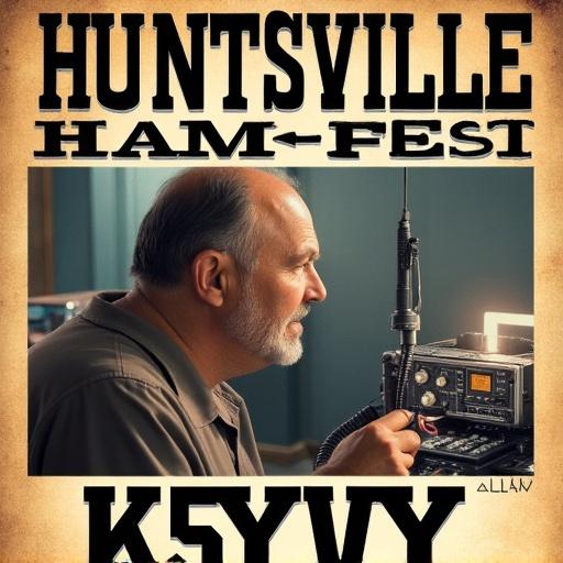 Create a wanted poster for a ham radio event featuring K5YVY. The poster should emphasize the activities of Huntsville Hamfest. Include images of radio equipment and a person engaged in using it. Use bold text and a striking design.