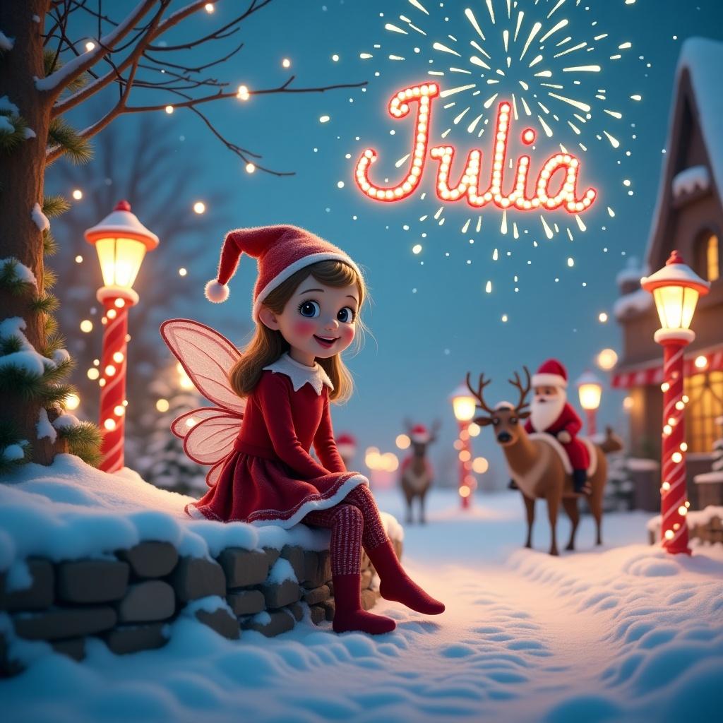 In a winter wonderland, a girl fairy elf named Julia sits cheerfully on a shelf. The setting is magical, with snow-covered ground and twinkling lights all around. Above her, dazzling fireworks spell her name in vibrant colors. Candy cane street lamps line the path, adding to the festive cheer. In the background, Santa's workshop and reindeer create a joyful atmosphere. The scene captures the true spirit of Christmas, inspiring joy and wonder.