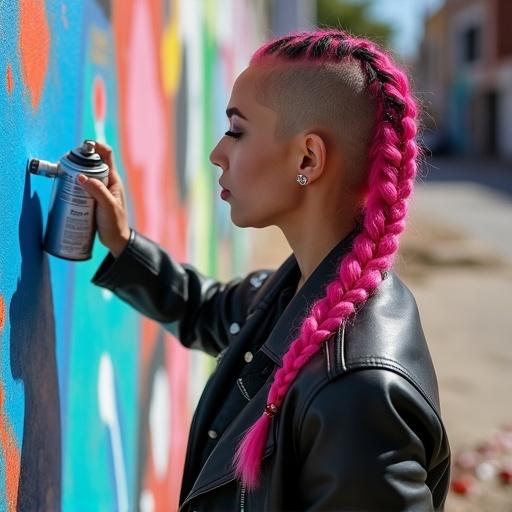 A woman spray-painting a mural. She has bright pink hair in a braid. One side of her head is shaved. She wears a leather jacket with patches. Blue paint is on her cheek. Graffiti cans are on the ground. The sun is casting shadows on her face. Her expression shows concentration.