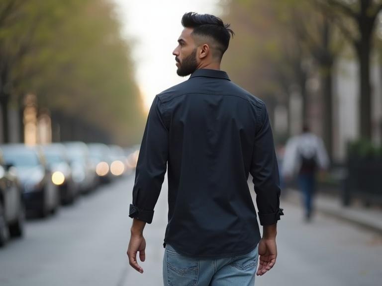 Handsome man walks down the street wearing a dark shirt and light blue jeans. He looks back as he walks, with city scenery and soft lighting.