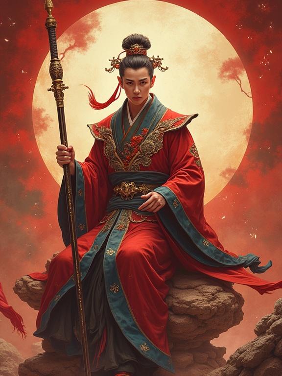 Create an illustration of a character inspired by the Romance of the Three Kingdoms with Asian warrior attire. The character exudes strength sitting on rocks under a full moon. Incorporate vibrant colors and traditional elements to enhance the heroic appearance.