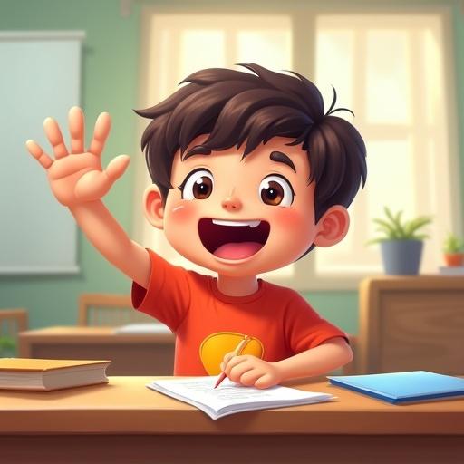 Excited kid aged about 5 years waving at camera in study room. Cartoon style illustration.