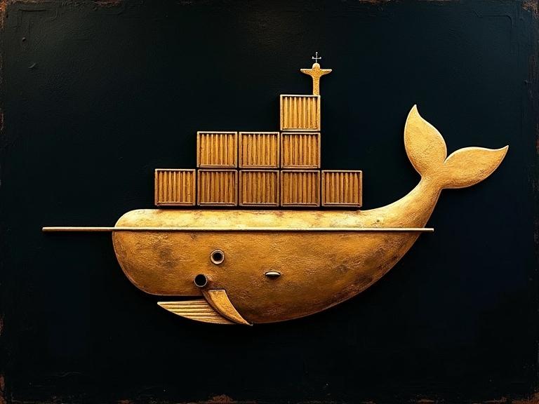 Surreal rendition of Docker logo. Oil painting style. Whale and container ship in golden hues. Rich black background. Intricate textures and lighting. Symbolic quality. Dreamlike appearance.