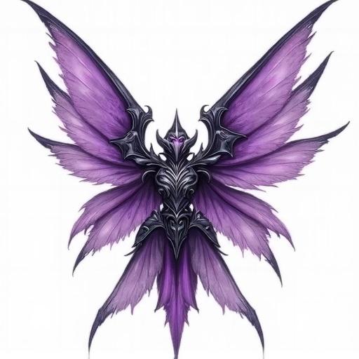Icon representation of a fairy with black and purple wings. Features legendary armor in a breastplate style for card games. Styled like graphics in World of Warcraft. Paint style with transparent background. Less detailed design. Hand-drawn appearance.