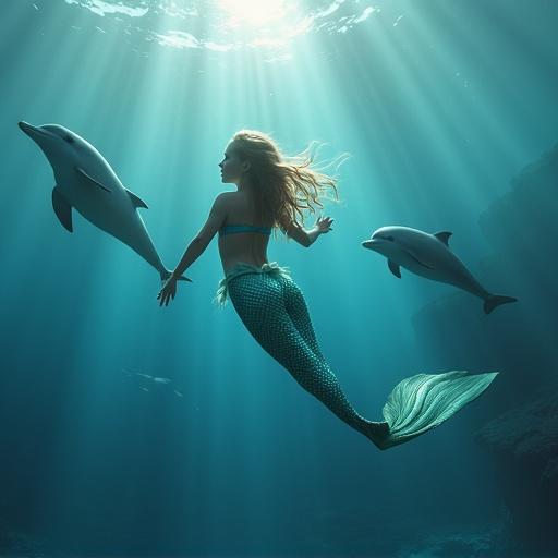 Mermaid swimming gracefully in a bright blue sea. Two dolphins accompany the mermaid. Sunlight streams through the water creating a mystical underwater scene.