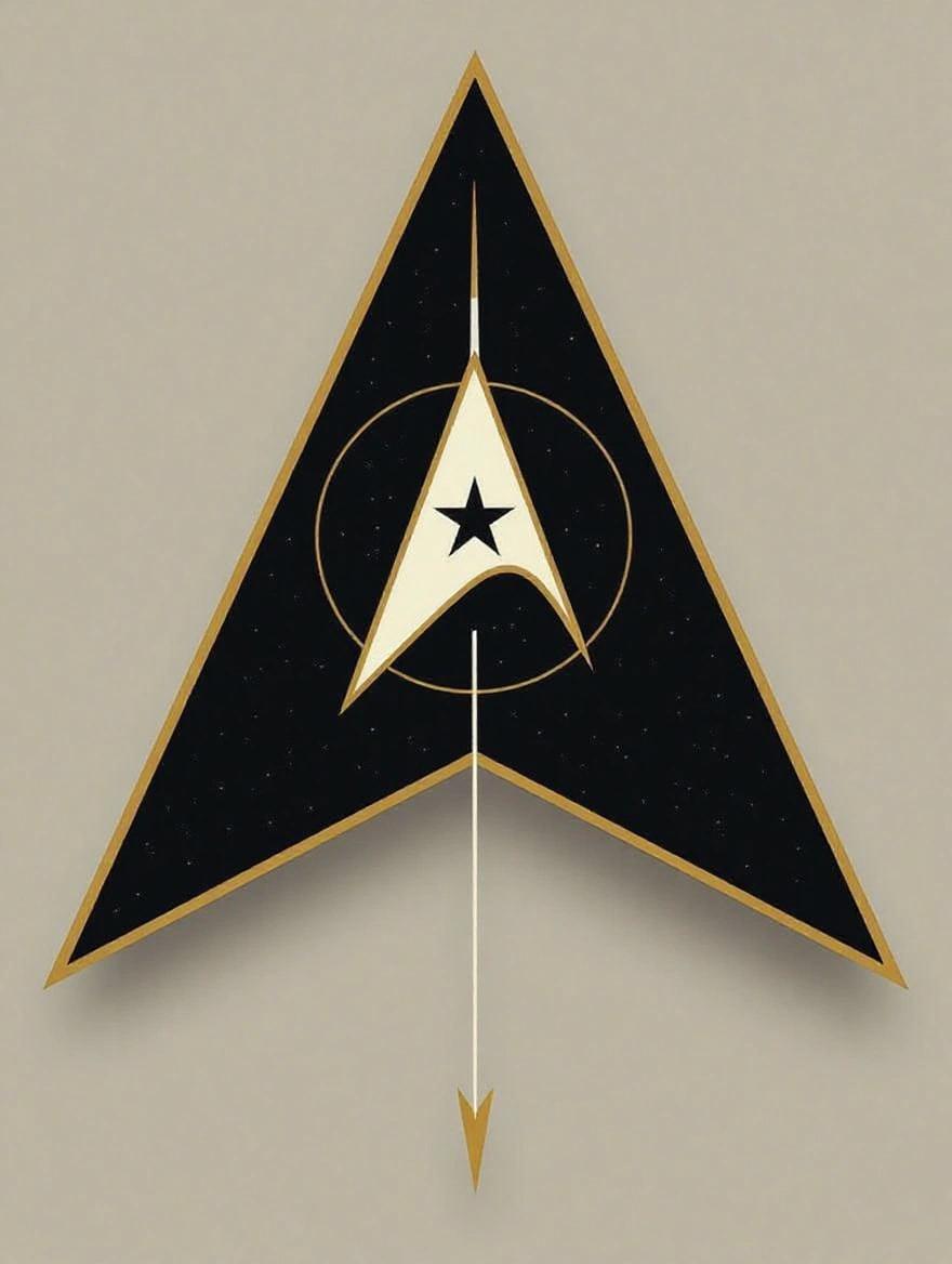 Design a classic Star Trek emblem featuring a black delta triangle on a neutral background. Add a white intersecting circle and vertical line for a space arrow effect. Include clean lines and a metallic finish for a sci-fi feel. Emphasize balance with sharp details. The image should have elements of hyperrealism with a futuristic touch.