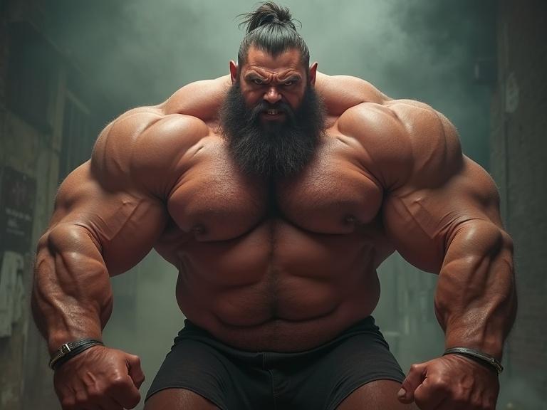Incredibly large muscles depicted in an angry man with a fierce expression. Strong bodybuilding physique showcased with impressive brawn.