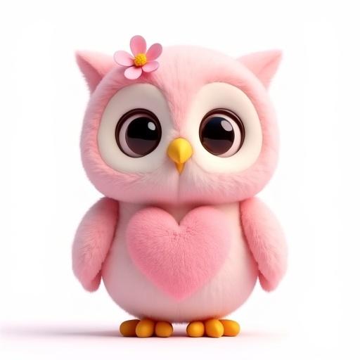 Baby owl with 3D rendering. Hyper-realistic and soft finish inspired by Pixar and Cocomelon. Features rounded body with large head and eyes. Plumage in soft pink with plush texture and light pink heart on chest. Has flower on head and pastel yellow beak. Background clean white for graphic use.