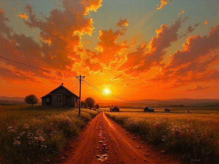 Captivating sunset over a rural landscape. Stunning colors in the sky. Deeply textured painting style resembling impasto. Road leading towards the horizon. Mysterious and glowing atmosphere.
