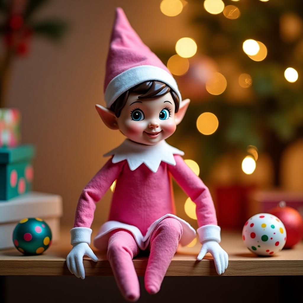 Doll dressed as a pink elf. Sitting on a table surrounded by colorful ornaments. Christmas tree lights blurred in background. Cheerful expression on the doll's face.