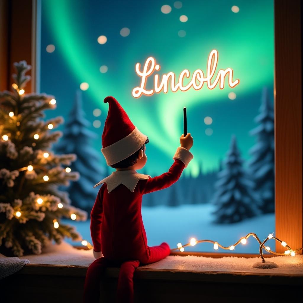 An enchanting Christmas scene featuring an elf on the shelf, who is facing the sky with his back to the viewer. The elf, dressed in red and white, wields a magic wand, writing 'Lincoln' in a glowing script above him. The backdrop is adorned with vibrant northern lights, adding a magical ambiance. The scene is festive, portraying the spirit of Christmas with a whimsical twist. The elf's position and action create a sense of wonder and excitement that captures the joy of the holiday season.