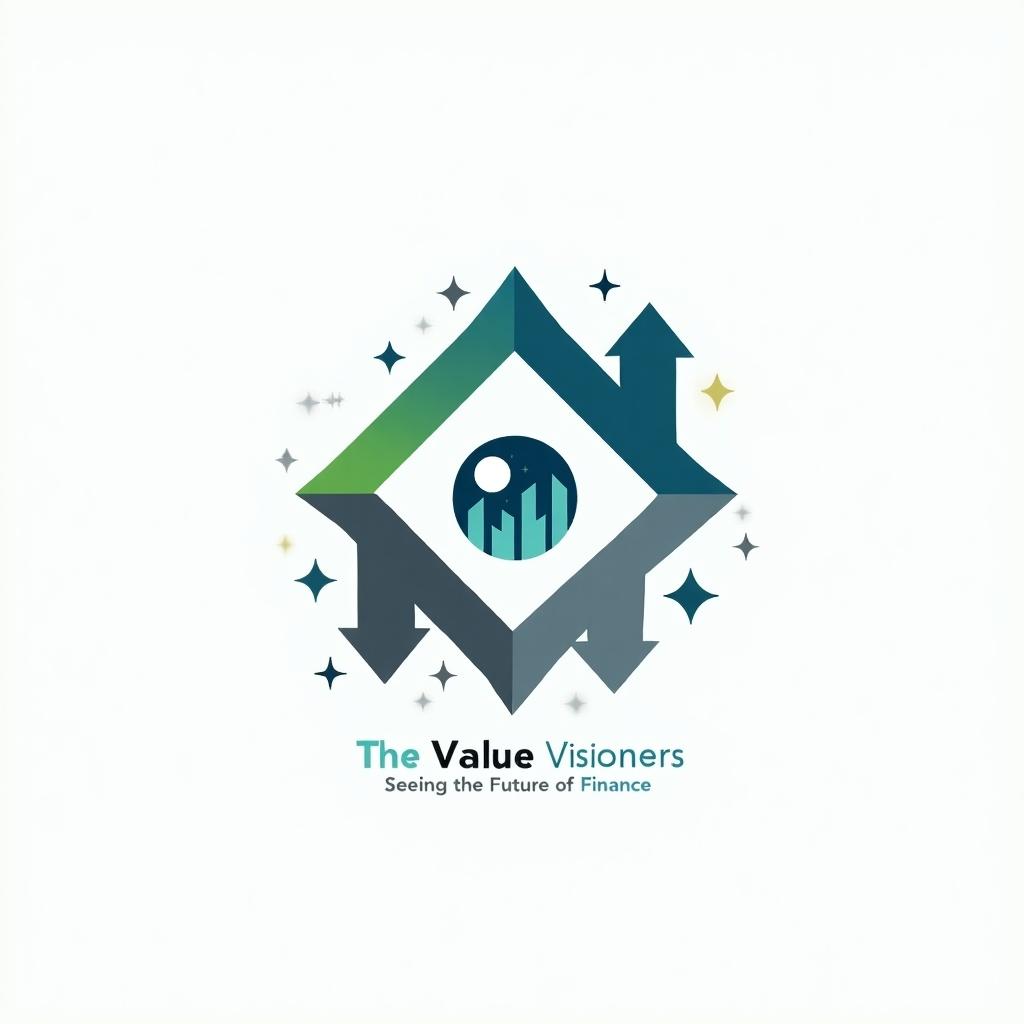 Creative logo design for a team named The Value Visioners. Emphasizes financial analysis and future-oriented thinking. Features an upward arrow for growth and an eye symbol for vision. Includes graphs and financial symbols inside the eye. Uses dynamic blue, green, and gray colors. Incorporates slogan about the future of finance.