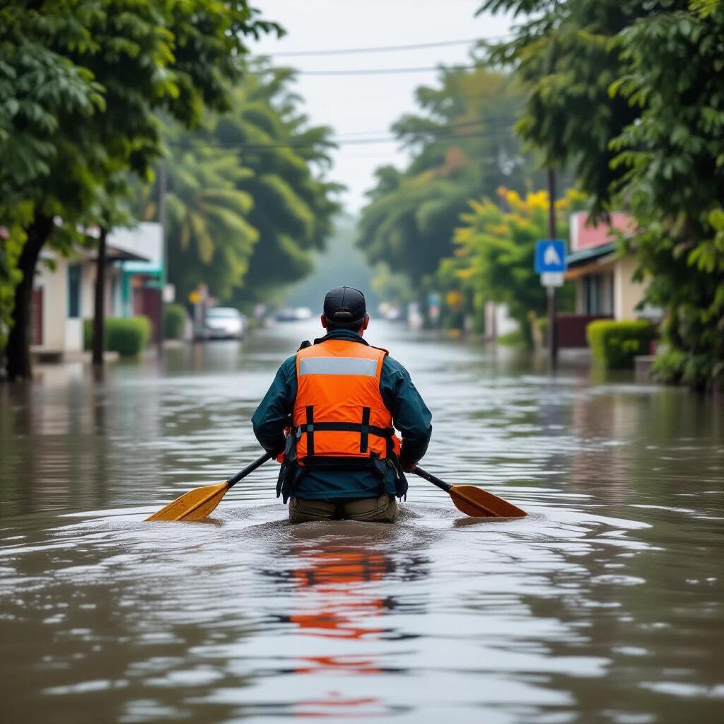 A scene depicting a person in an orange life vest kayaking through flooded streets. The area shows houses partially submerged in water and trees lining the road. The atmosphere conveys urgency and the need for assistance during a flooding emergency.