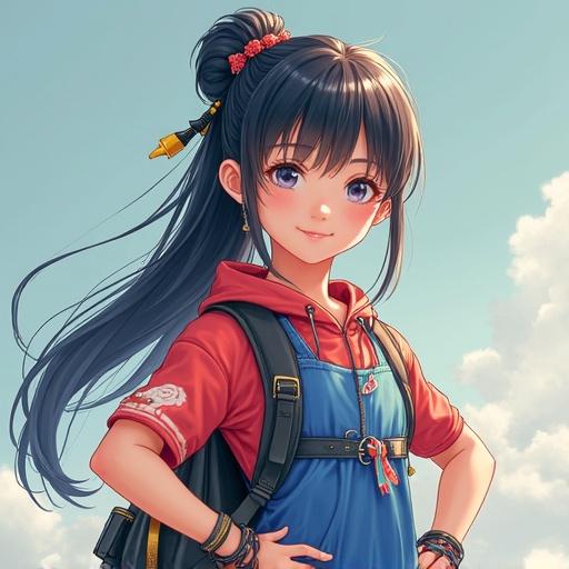 An anime character with long hair in a side ponytail wearing a red hoodie and denim overalls. The character has expressive eyes and a playful demeanor, surrounded by a bright sky.