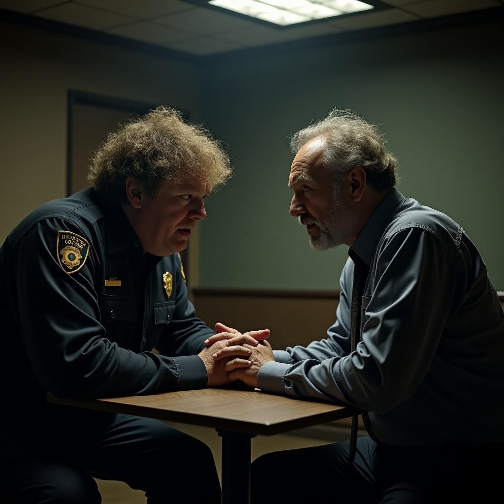 Police investigation scene with a shaggy oversized policeman and a middle-aged man with messy hair. Dark room setting with a table between them. Intense interaction highlighting emotions of tension and uncertainty.