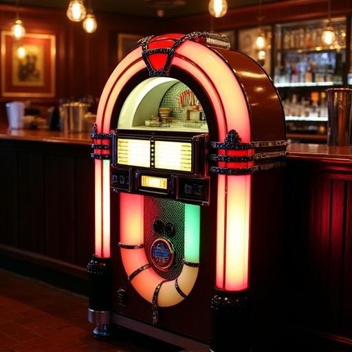 An old jukebox located in a dimly lit bar. The jukebox features vibrant colors. Bar with a classic design surrounding the jukebox. Warm lights create a cozy atmosphere.