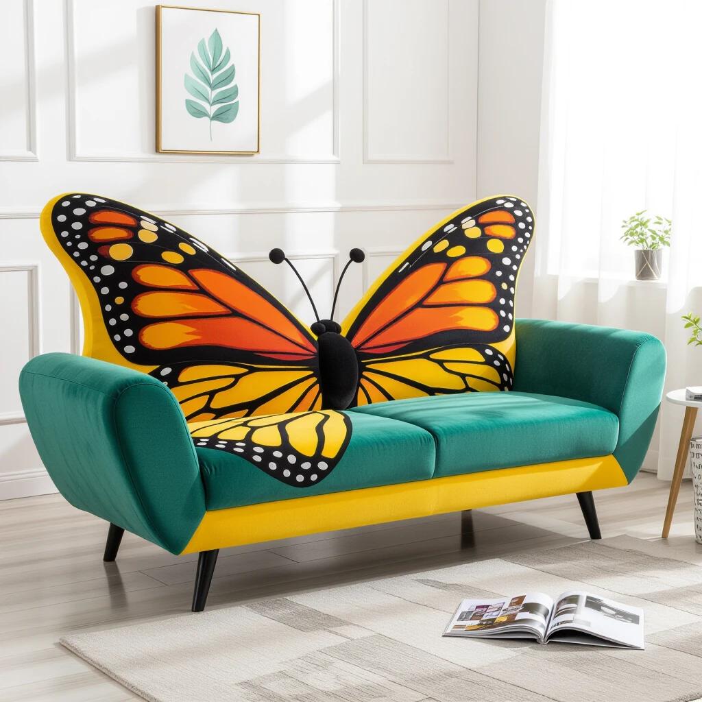 Sofa that mimics the shape of a butterfly. Plush material is used. Located in a modern living room. Bright colors and unique design catch attention.