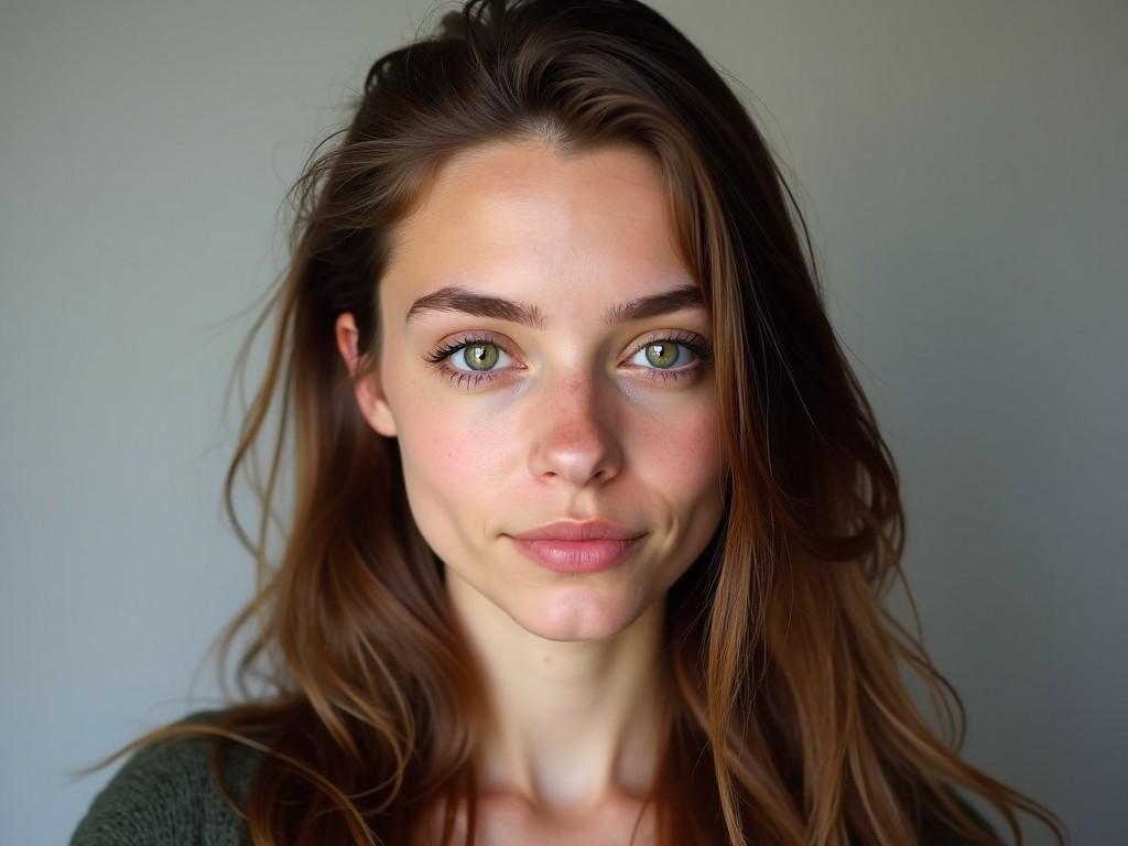 This image features a close-up portrait of a young woman, showcasing her natural beauty. She has long, flowing brown hair that cascades around her shoulders. Her striking green eyes stand out against her fair skin. The background is a soft neutral grey that enhances her features. The lighting is soft, creating a gentle and inviting atmosphere.