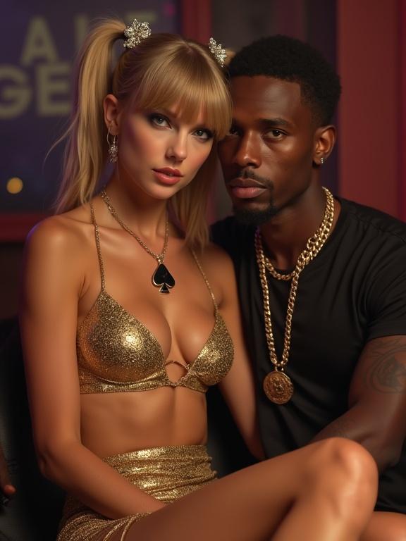 A glamorous couple in a nightclub. The woman has very long blonde twintails. She wears a bikini top and a short gold miniskirt. A black spade pendant is around her neck and high heels. Her boyfriend is a large black rapper. They pose closely together. The atmosphere is intimate and stylish.