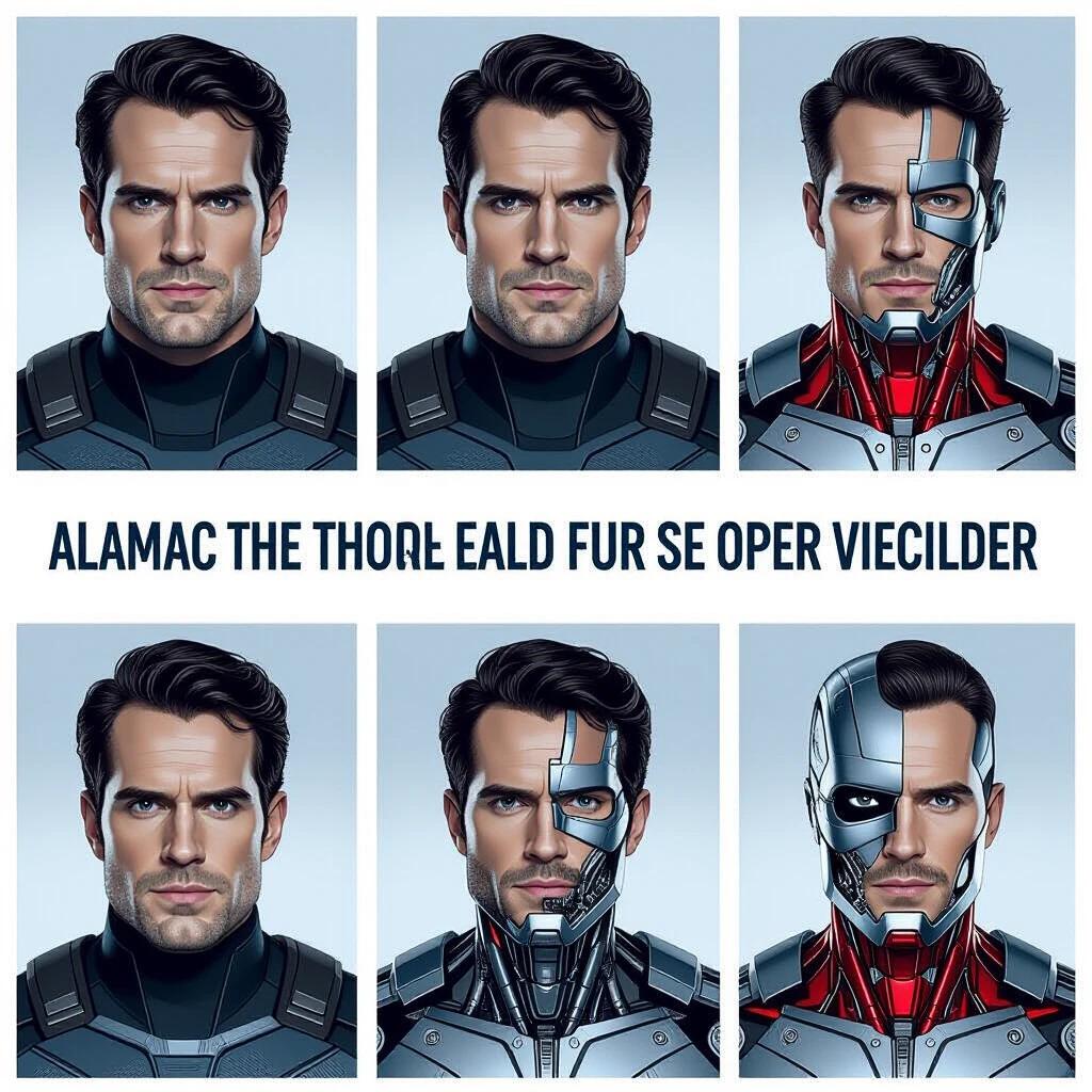 Series of images showing steps of transformation. Man transforms into cyborg. Each image reveals more robotic features. Humanity fades in each step. Emphasizing technology integration.
