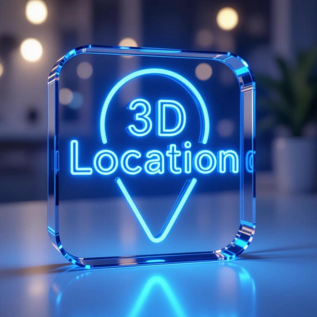 A 3D icon for location in clear blue glass. It has blue neon lighting inside. Modern and sleek design suitable for digital applications.