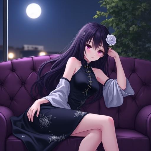 A stunning anime character reclines on a plush sofa in a coffee shop. She has long flowing purple hair and wears a black cheongsam with white floral patterns. A white rose adorns her hair. The scene is illuminated by a full moon through a window, with soft warm lighting creating a calming atmosphere.