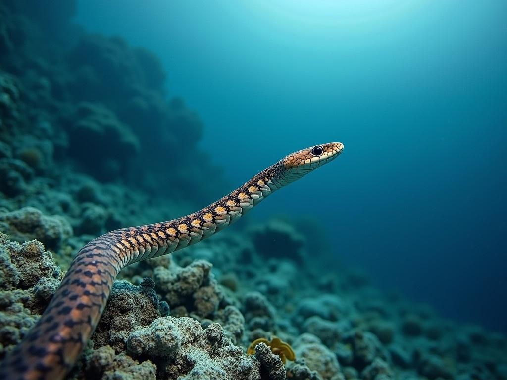 An underwater scene featuring a sea snake swimming gracefully among coral reefs. The water has a soft blue hue with light rays filtering through. The image captures the intricate patterns of the snake's scales and the texture of the ocean floor.