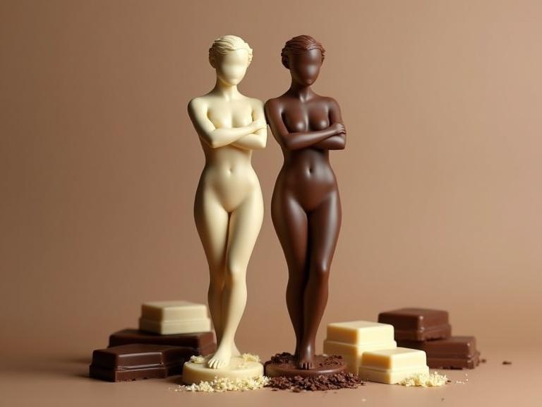 Beautiful female body figurines made from dark chocolate and white chocolate. Professional studio product photograph of chocolate art. Two figures standing back to back with assorted chocolate pieces around them.