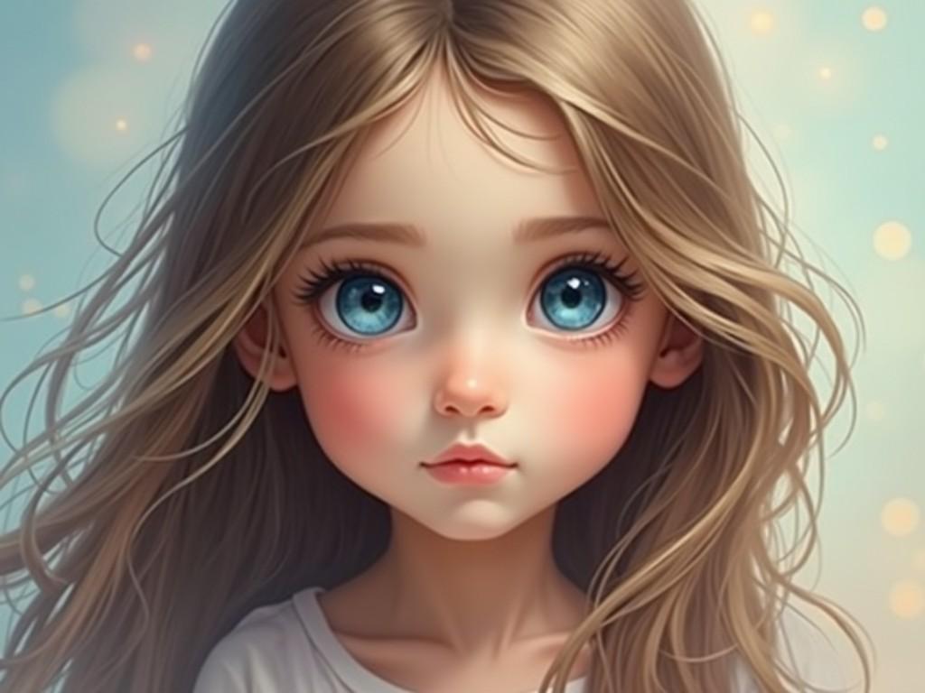 This digital art depicts a young girl with strikingly large blue eyes and soft flowing hair, rendered in a dreamy, fantastical style. Her expression is innocent and serene, contributing to the ethereal atmosphere of the image. The background is softly blurred with pastel colors and gentle bokeh lights, enhancing the whimsical feel.