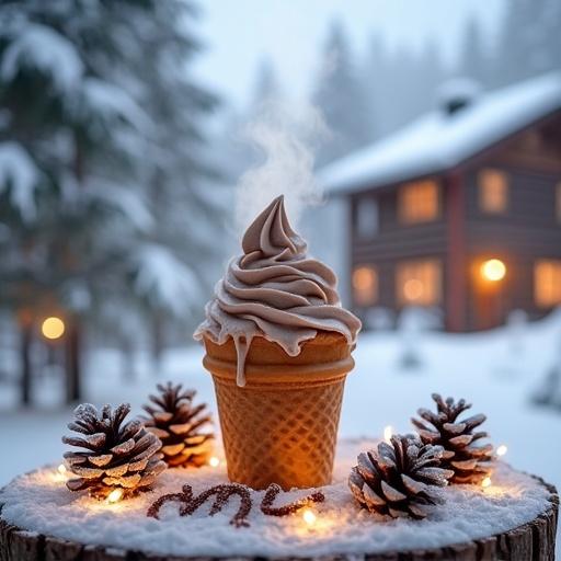 A snowy landscape features steaming hot cocoa ice cream served in a waffle cup. The ice cream sits on a wooden table adorned with frosted pinecones and twinkling fairy lights. A cozy mountain lodge stands in the background. The brand name 'FrostMuse' is elegantly written in the snow nearby. The image evokes a warm and festive winter atmosphere.