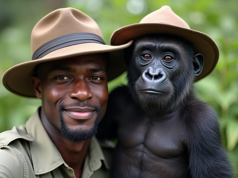 Selfie-style image of a gorilla beside a black man ranger both looking into the camera. They exhibit a playful heartwarming vibe.