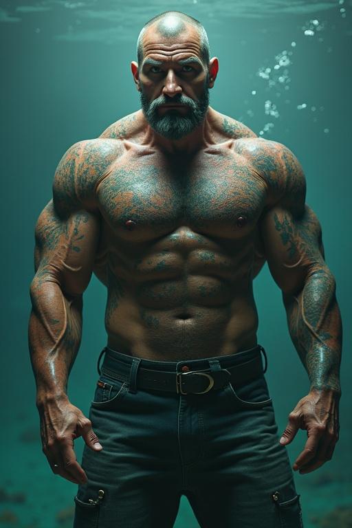 Imagen de un hombre musculoso y tatuado en el agua. Cuerpo fuerte y expuesto. Presentación artística con iluminación suave.