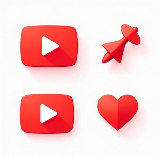 Clean digital illustration of YouTube engagement icons. Show red subscribe button thumbs-up like icon notification bell red heart and share arrow in a vibrant style. Ensure even spacing and visual balance for use as YouTube channel branding or overlay.