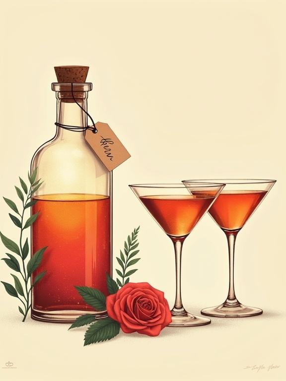 Minimalist screen printing artwork showing a bottle with a tag named 'ALFRUNO'. Two cocktail glasses filled with liqueur. A rose and green herbs around the bottle. Beige background. Soft warm lighting. Minimalist style with bold strokes.