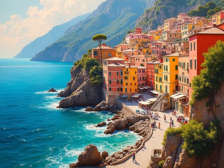 An original oil painting represents the vibrant city of Sorrento Italy. Colorful architecture features ochre terracotta and white-washed buildings. The scene captures the dramatic cliffs above azure waters. Mount Vesuvius looms in the distance. Luminous Mediterranean light bathes the composition. Cobblestone streets have warm highlights and deep shadows. Rugged beauty of the coastline appears below. Waves and jagged rocks are painted with dynamic strokes. Distant horizon dissolves into turquoise and gold. Rich glazes evoke timeless allure blending realism and impressionistic abstraction.