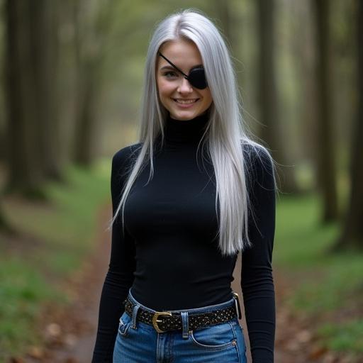 Woman with long silver hair styled like an elf, sharp face, wearing a pirate eyepatch, black turtleneck, blue jeans, and ankle boots, standing in a green wooded area resembling Hobbiton.